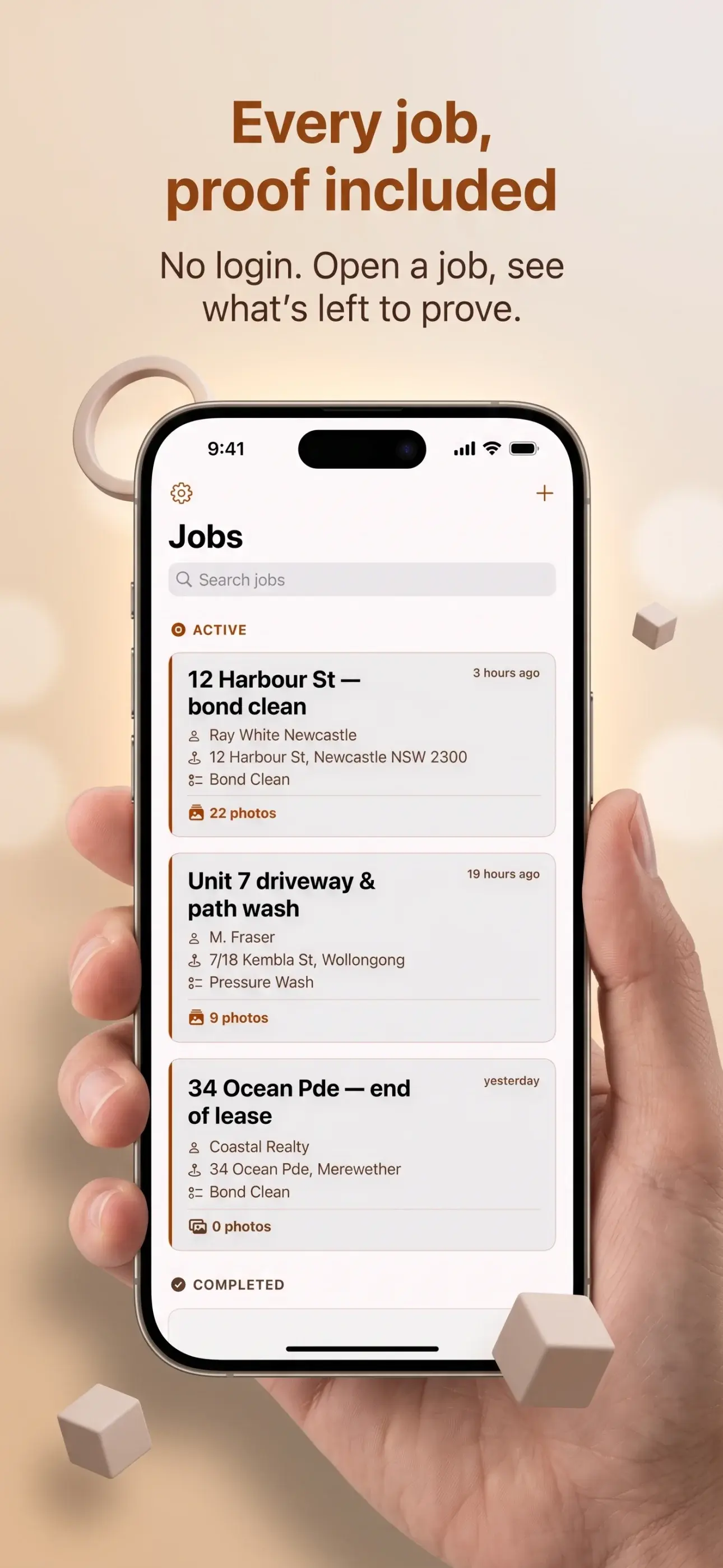 Job Evidence jobs screen showing active and completed work