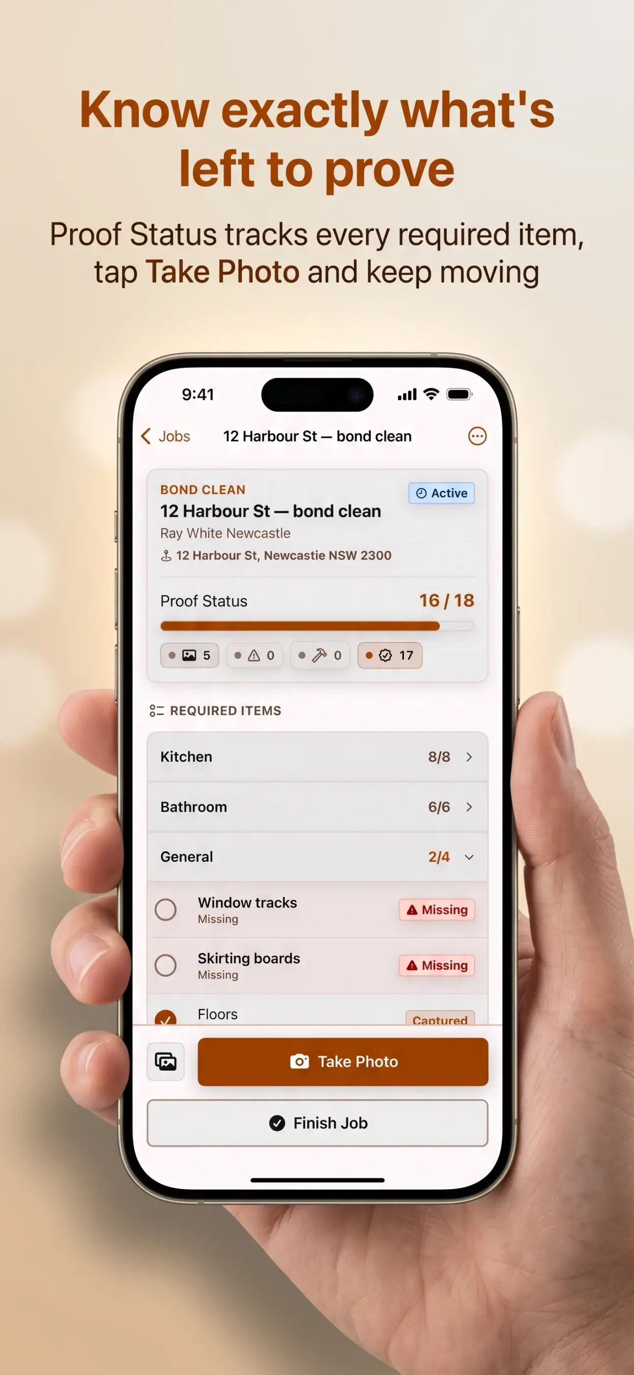 Job Evidence proof status screen showing required items still to capture