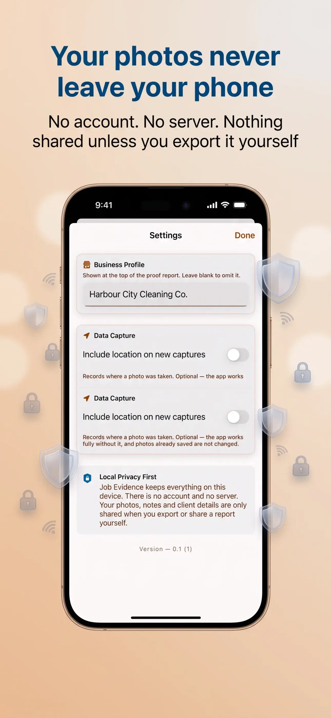 Job Evidence privacy settings explaining that photos remain on the phone